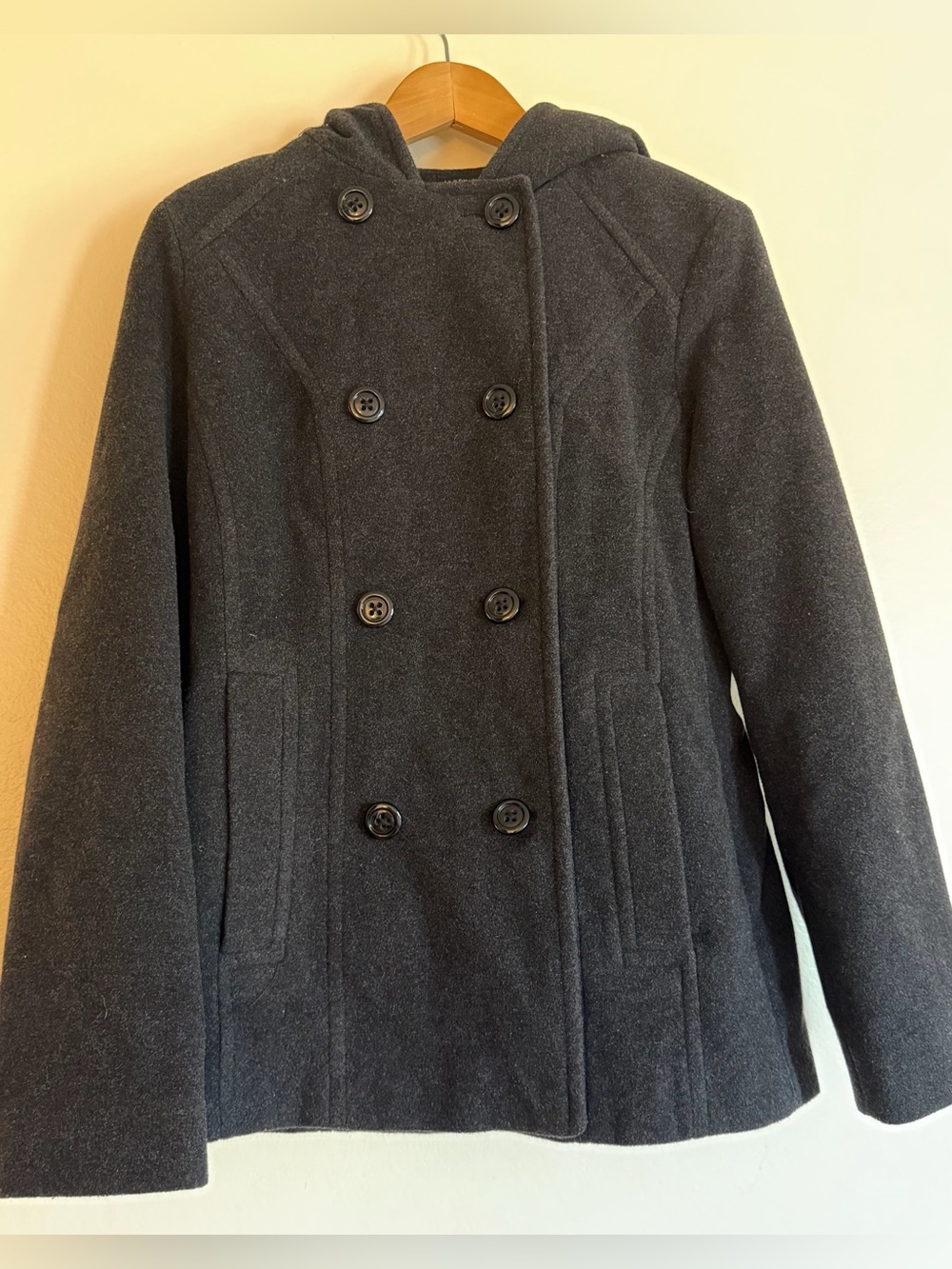 Jason Kole Classic Double-Breasted Hooded Wool Peacoat - Black S/M Y2K